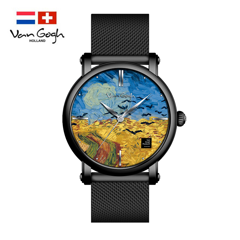 梵高（VanGogh）瑞士手表男 3D油画表面牛皮表带时尚休闲潮牌博物馆正版原装进口 明星同款 明星同款麦田群鸦Gent 07-1-BM